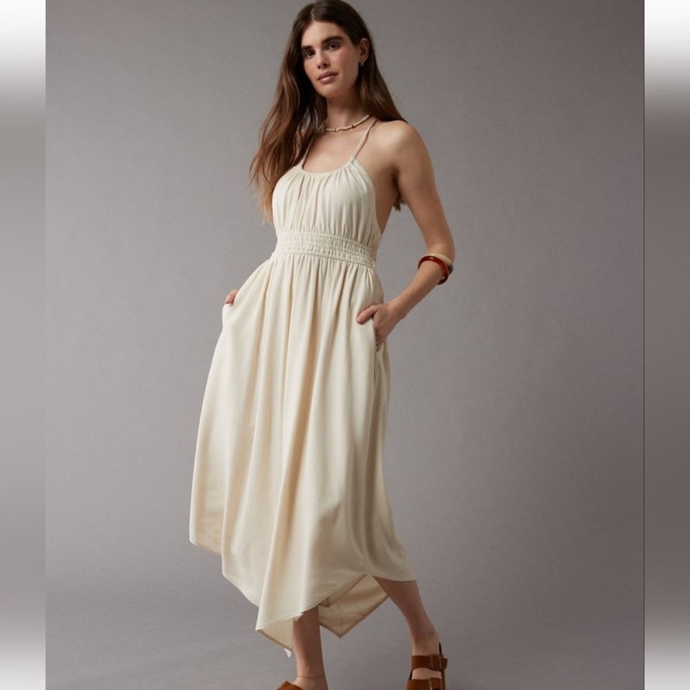 AEO American Eagle LINEN BLEND MIDI BACKLESS DRESS